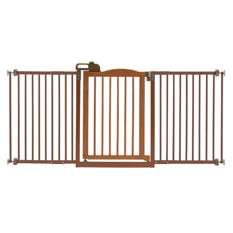 Richell One-Touch Gate II Wide in Brown, extra-wide pet gate with one-hand release for easy access, perfect for wider doorways and indoor spaces