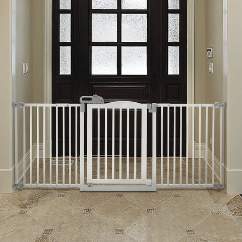 Richell One-Touch Gate II Wide in White, extra-wide pet gate with a convenient one-hand release mechanism, ideal for securing large doorways or spaces