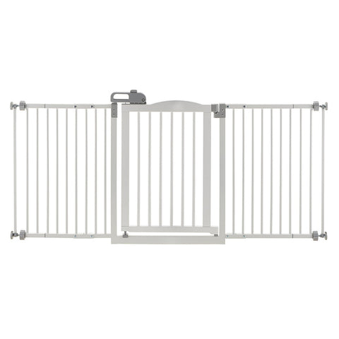 Richell One-Touch Gate II Wide in White, extra-wide pet gate with a convenient one-hand release mechanism, ideal for securing large doorways or spaces