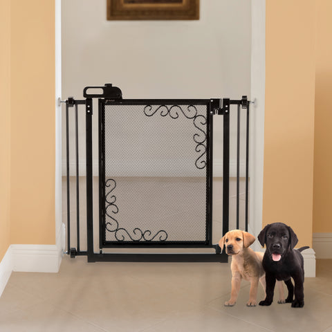 Richell One-Touch Metal Mesh Pet Gate in Antique Bronze, sturdy pet gate with a sleek metal mesh design and easy one-hand release, perfect for secure indoor use