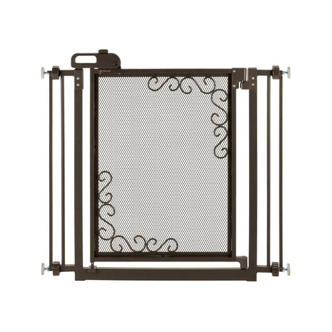 Richell One-Touch Metal Mesh Pet Gate in Antique Bronze, sturdy pet gate with a sleek metal mesh design and easy one-hand release, perfect for secure indoor use