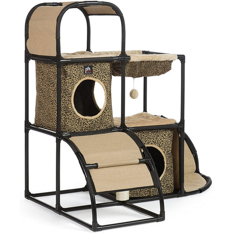 Prevue Pet Products Catville Townhome with Leopard Print, stylish multi-level cat condo for climbing and resting