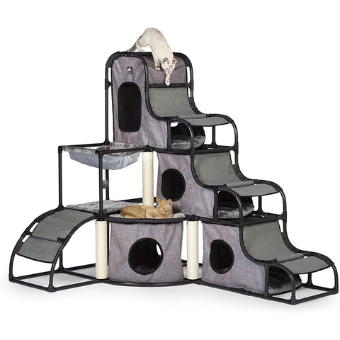 Prevue Pet Products Catville Tower - Gray Print, multi-level cat tower with scratching posts, hideouts, and lounging spaces