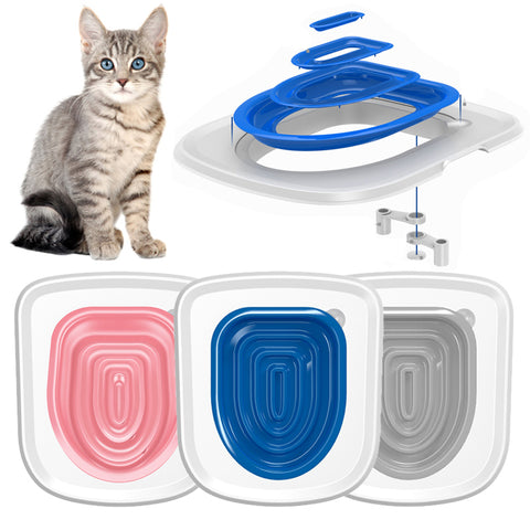 Cat Toilet Training Kit in pink, blue, and gray with a layered design for step-by-step training, shown next to a gray tabby cat